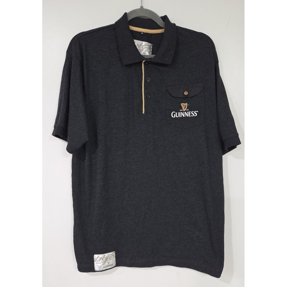 Guinness Men's Heathered Black Logo Short Sleeve Polo Pocket Shirt XL